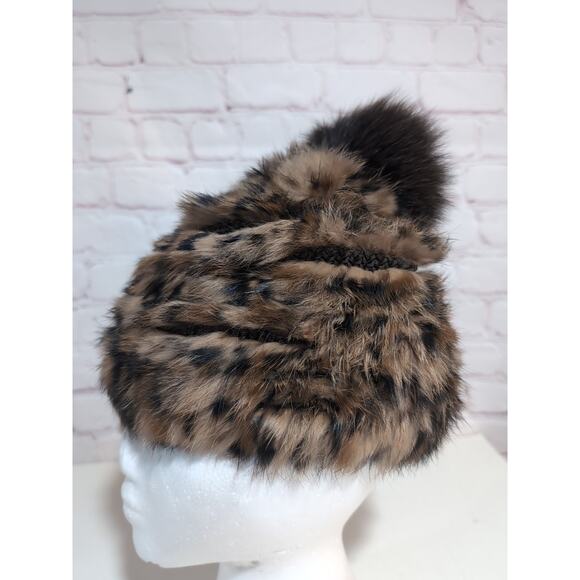 Marcus Adler New York Genuine Rabbit Fur Cheetah Print With Fox Pom Hat - Picture 3 of 12